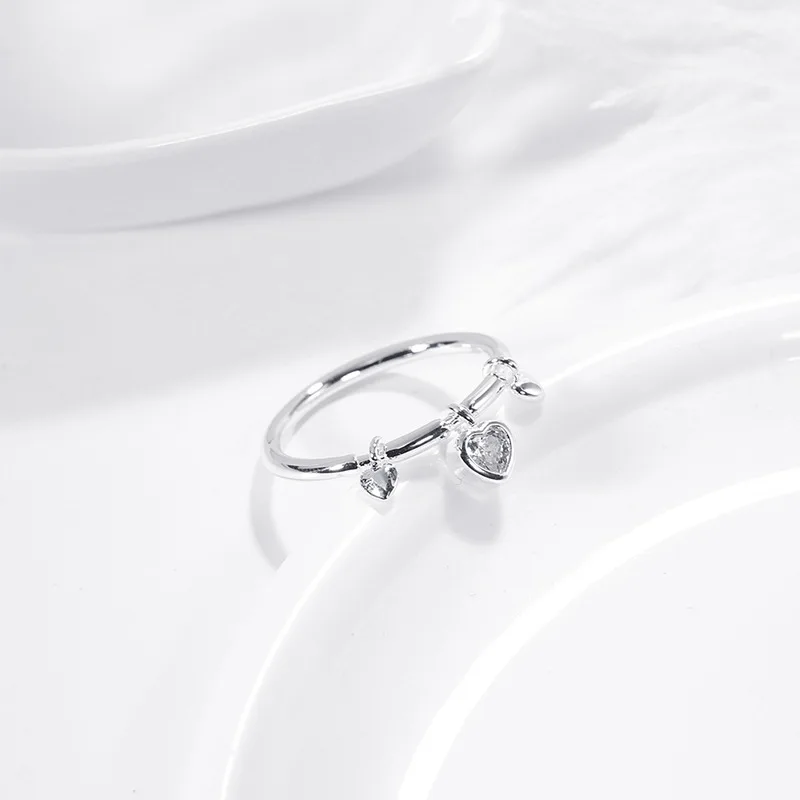 BAMOER 100% 925 Sterling Silver Romantic Sweet Heart Clear CZ Dangle Finger Ring for Women Wedding Engagement Jewelry SCR276