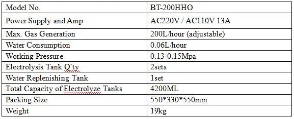 BT-200HHO Specification