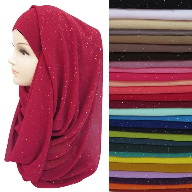 Летний красивый шарф золотые блестки мусульманский хиджаб шарф мерцающий пузырь шифон шаль на голову обёрточная бумага простые цвета 175x72 см