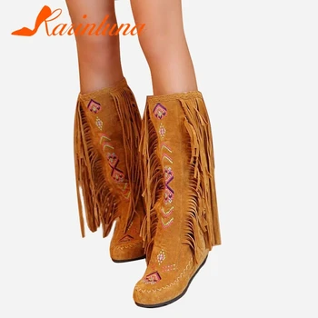 

KARINLUNA Plus Size 34-48 Embroider Fringe Boots Ladies Warm Fur Mid-Calf Snow Boots Women Winter 2019 Casual Flat Shoes Woman