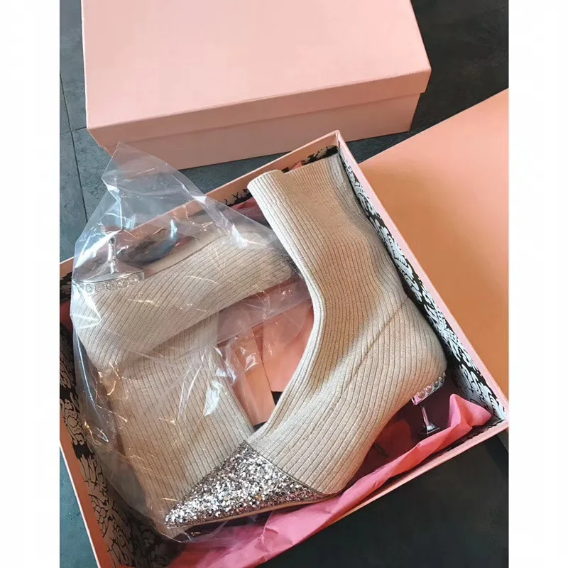 

2018 new short boots wool stretch stockings with pointed cats and sequins short boots women's socks boots.
