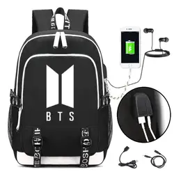 Поп Bangtan мальчиков BTS Acessórios рюкзак сумка подростков Для женщин школьные USB дорожные сумки плеча Сумка для ноутбука подарок