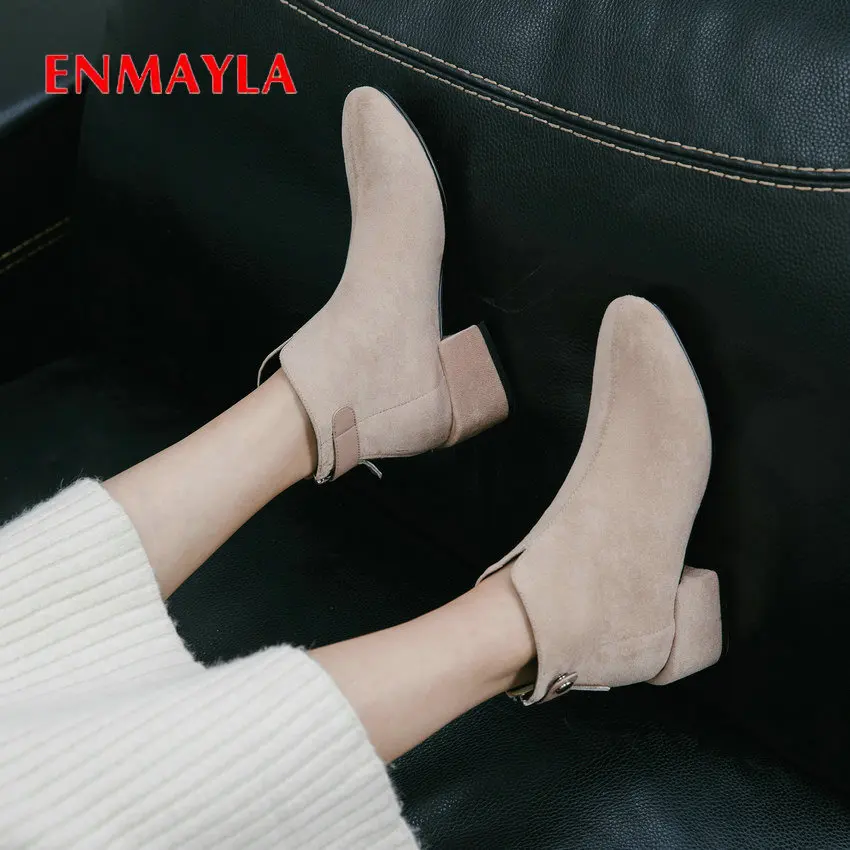 EMMAYLA/женские ботильоны; женская замшевая обувь на квадратном каблуке классические зимние короткие плюшевые ботинки с круглым носком женская обувь; размеры 34-39