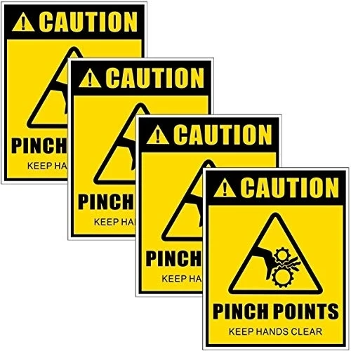 4xCaution Pinch Points Keep Hands Clear - Danger Safety Warning Sign Vinyl Label Sticker Decal - Back Self Adhesive Vinyl