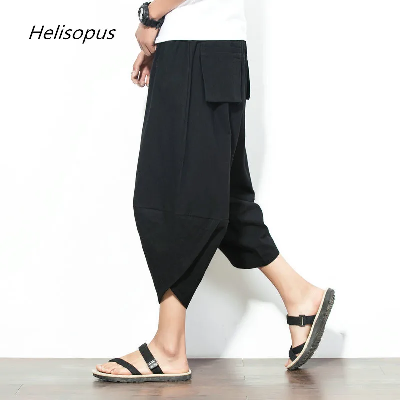 

Helisopus Men's Loose Pants Harem Pants Streetwear Hip hop Mid Waist Drawstring Leisure Pants Men linen Harajuku Pants