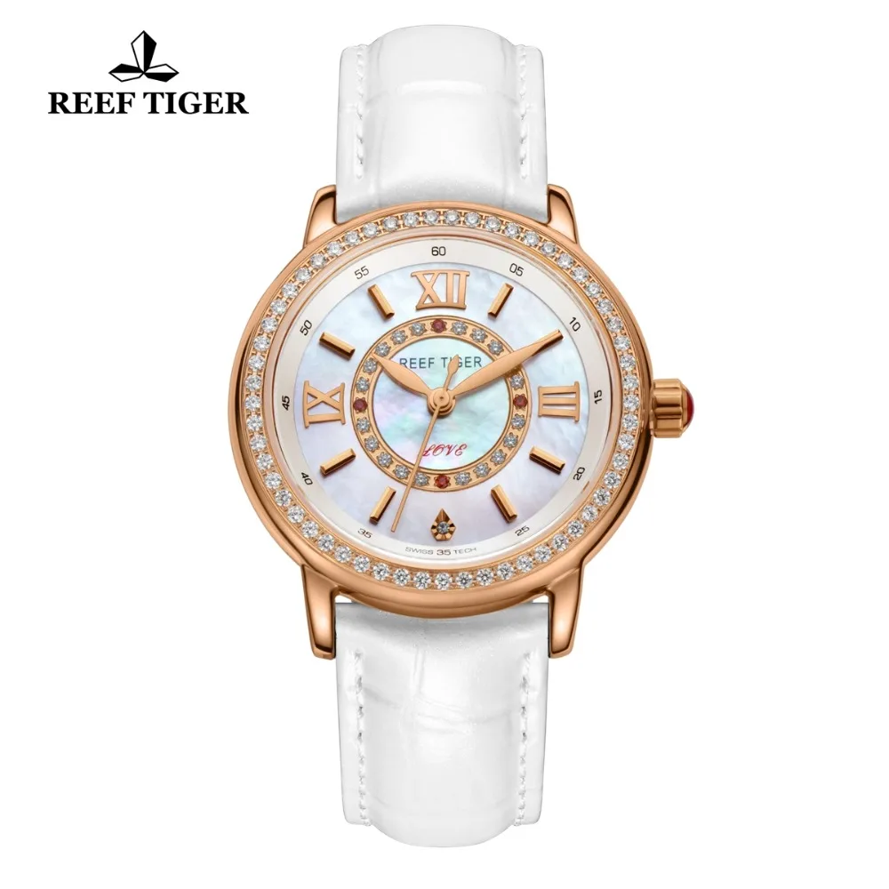 Reef Tiger/RT Роскошные Брендовые повседневные женские часы с красным кожаным ремешком водонепроницаемые кварцевые часы подарок для жены RGA1563