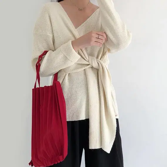 

Autumn New Design Elegant Sweater Women Full Sleeve V-Neck Knitted Sashes Tie a Knot Thin Cardigan Coat Female Tops AE639