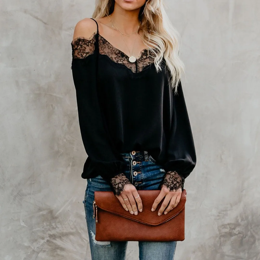 

2019 New Fashion Spring Women Blouse Long Sleeve Off Shoulder Lace Sexy Shirt Solid V-neck Shirt Casual Blouse Chiffon Lace Tops