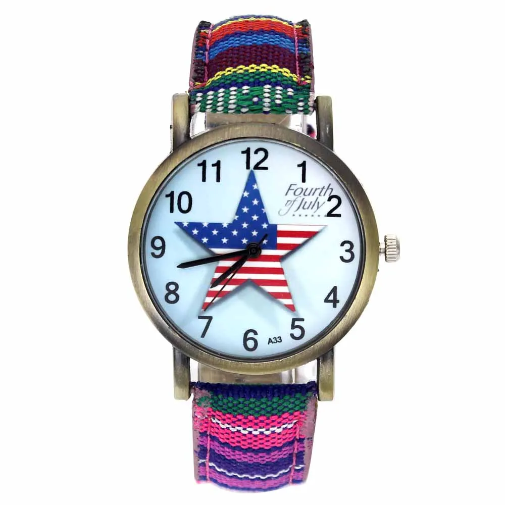 Pentagram Fourth of July Celebration USA Flag Fashion Accessories Stripes Denim Cloth Canvas Band Quartz Wrist Watch 2