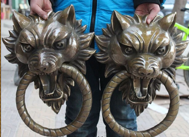 

xd 003427 17"Chinese Bronze Guardian Foo Fu Dog Lion Head Door Gate Knocker Statue Pair