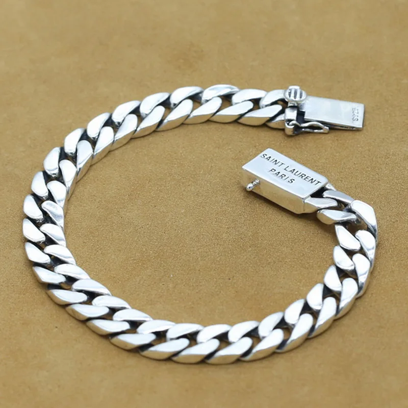 

S925 Sterling Silver Bracelets Man High Polish Curb Link Chain Bracelet for Men Vintage Punk Rock Biker Jewelry charm bracelets