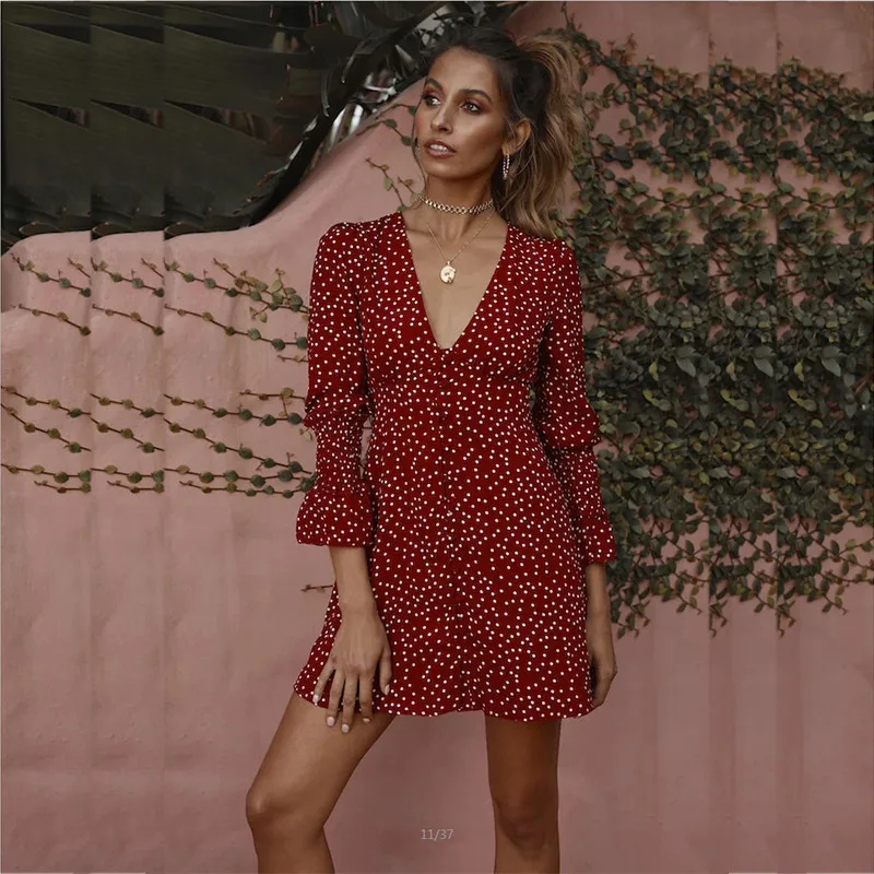 yinlinhe Red Polka Dot Summer Dress Long Sleeve 2018 Vintage V neck Button Dress Women Sexy Elegant Beach Vestidos   1