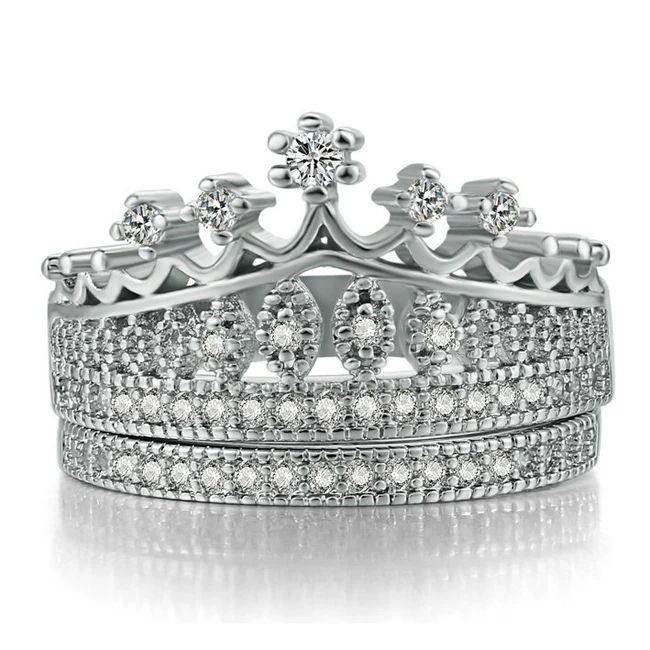 Best silver princess crown ring king and queen engagement and wedding two in one ring