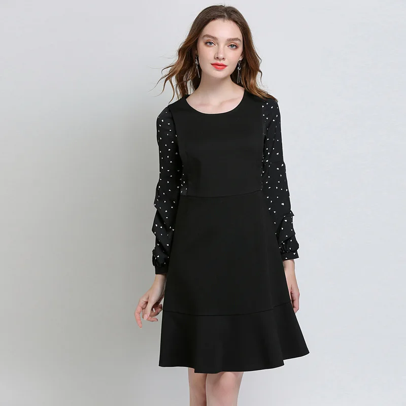 2018Autumn Fashion ladies elegant One Piece Dress plus size Polka dot patchwork A line dress