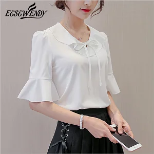 Новинка, Женская Повседневная шифоновая блузка с коротким рукавом, модные корейские топы, элегантная женская одежда, летняя уличная одежда, женская синяя рубашка - Цвет: 214RX-white