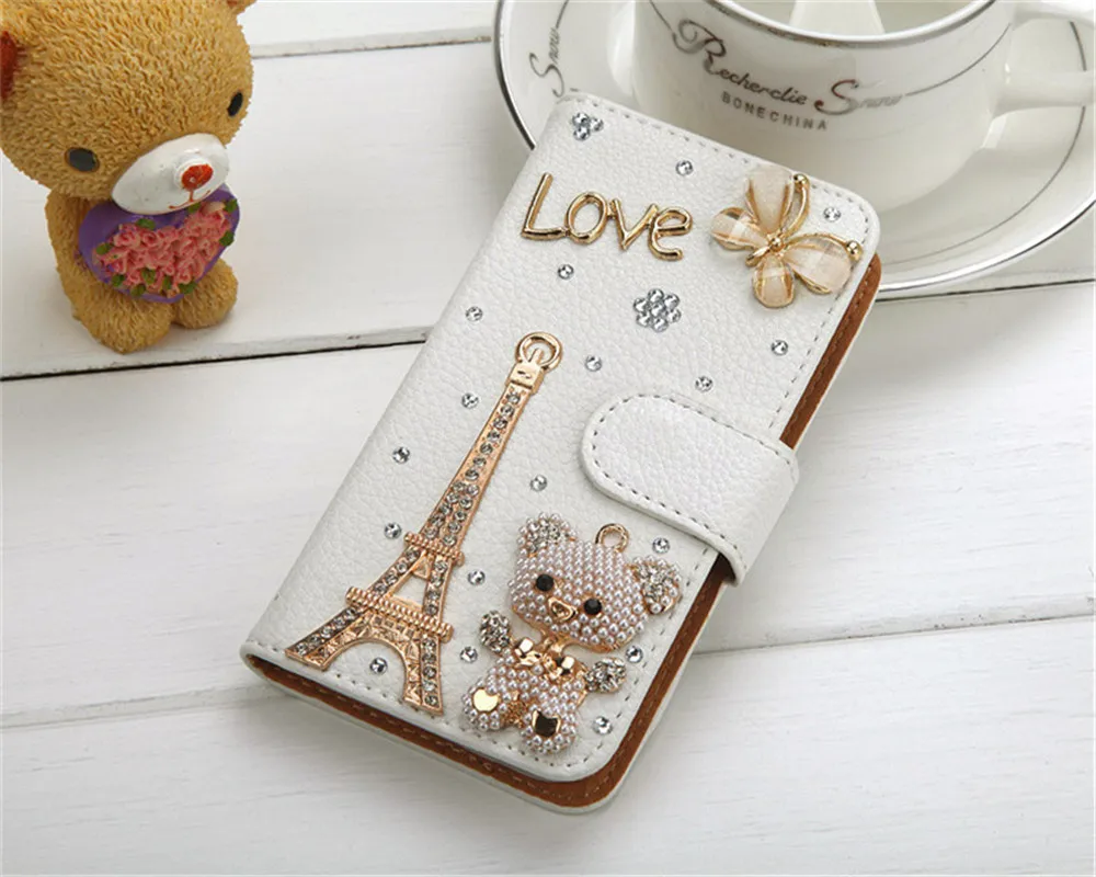 Bling Handmade Rhinestone Leather Flip Wallet Protective phone Case for