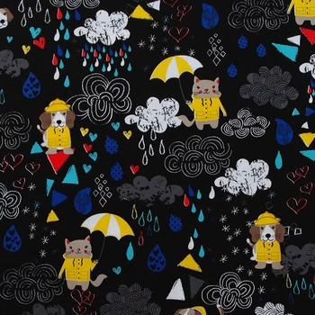 

140cmx100cm Cotton Fabric for textile, pathwork, cloth - Cartoon - Dog,Cat,Heart,Umbrella and Clouds