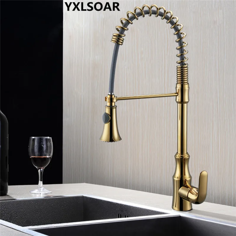 Kitchen Sink Faucets Brass Pull Out/Down Golden Sink Mixer Tap With Spring Hose Single Handle Hot & Cold Kitchen Crane Faucet Kitchen Sink Faucets Brass Pull Out/Down Golden Sink Mixer Tap With Spring Hose Single Handle Hot & Cold Kitchen Crane Faucet