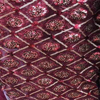 

2019 Latest Embroidered Tulle Mesh Lace Fabric With Sequins High Quality Wine Color African Net Lace Fabric 5 Yards/Pieces