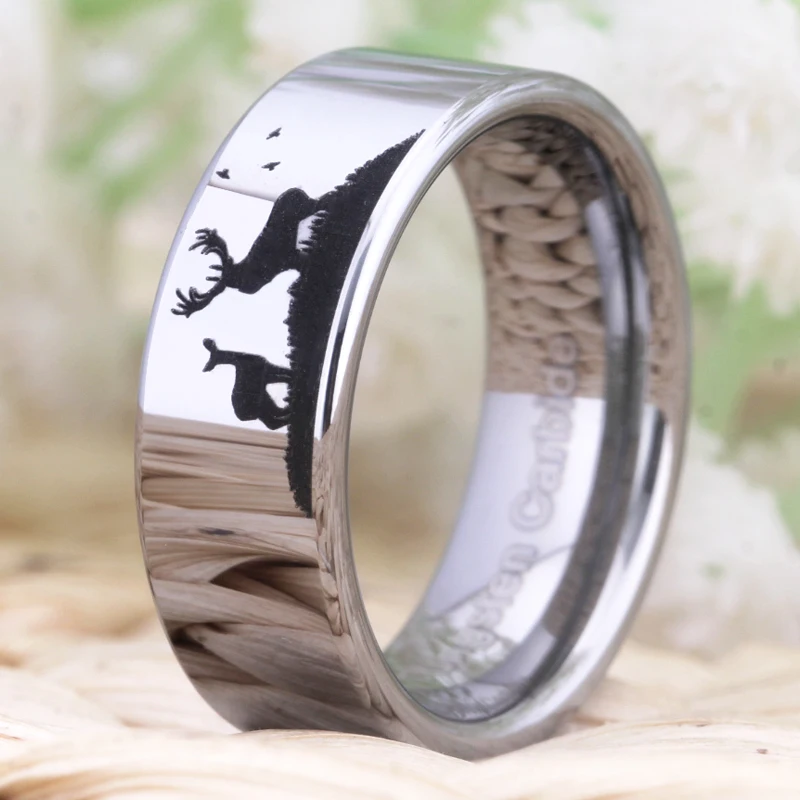 New Silver Men Ring 100% Tungsten Carbide Men's Jewelry Wedding Bands Classic Women Ring Gift Deer Scene Design Dropshippin'g