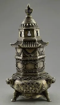 

decoration white Copper silver factory Elaborate Old ancient Collectible Tibetan silver handmade tower statue incense burner