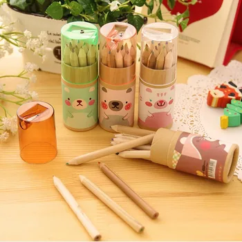 12Pcs Barrel Cute Mini Bear Colored Pencils Rainbow Color Pencil For Drawing Stationery Office Material School