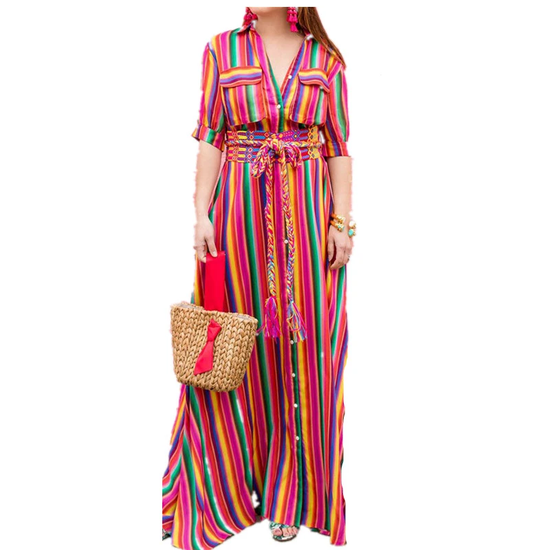 

Long Striped Women Summer Autumn Dress 2018 Single Breasted Boho Beach Maxi Dress And Sundress Women Summer Robe Femme