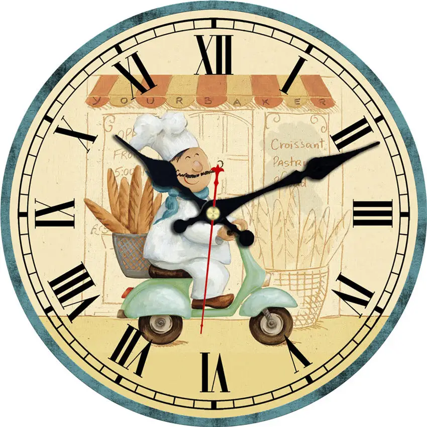 Kitchen Cook Wall Clock Chef Vintage Fashioned Chic Clock Wooden