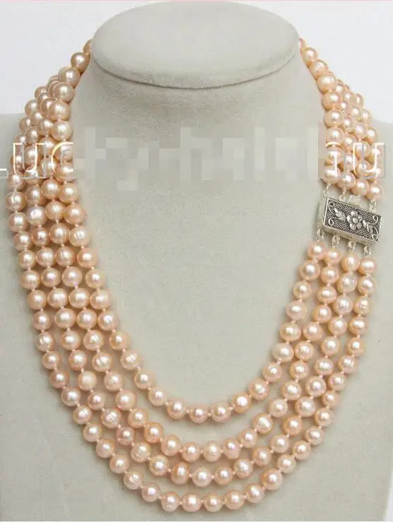

Free Shipping >>>16" 4 Strand 8mm pink FW pearls necklace 925 silver clasp j10681