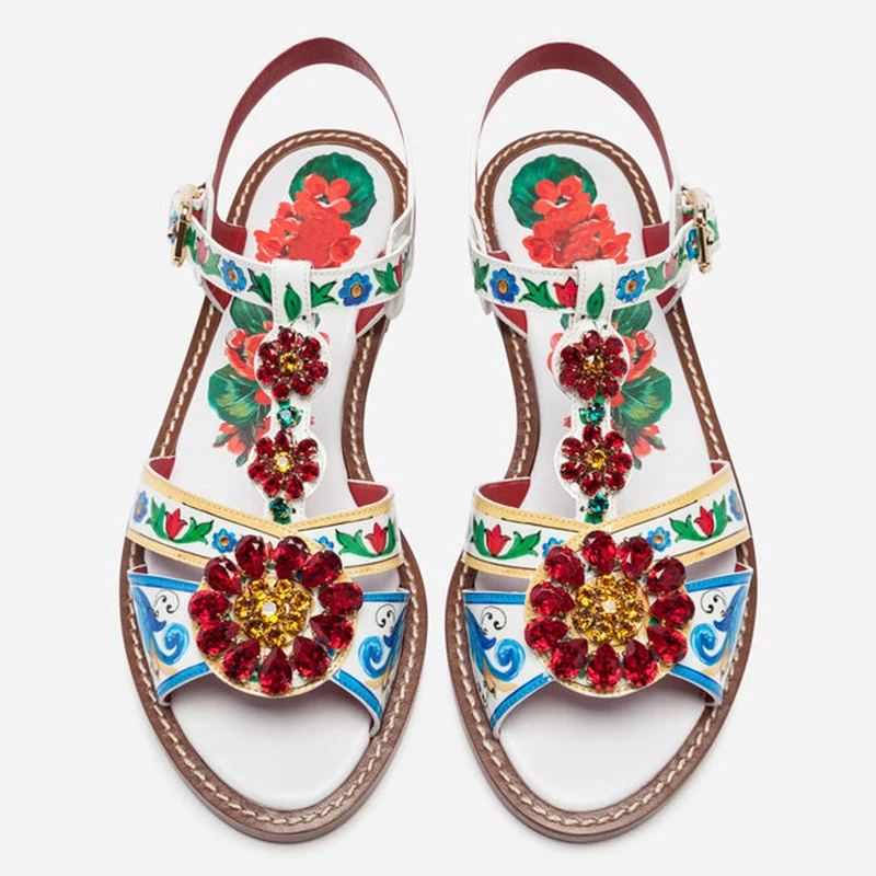 Абсолютно Стразы украшением изящные босоножки Женская обувь в богемном стиле на плоской подошве; обувь из натуральной кожи сандалии EU35-41 Размер BY691