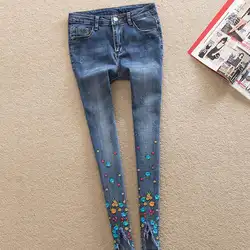 Вышивка высокой талией женские джинсы скинни Винтаж рваные стрейч карандаш женские эластичные джинсовые брюки большие размеры 7XL