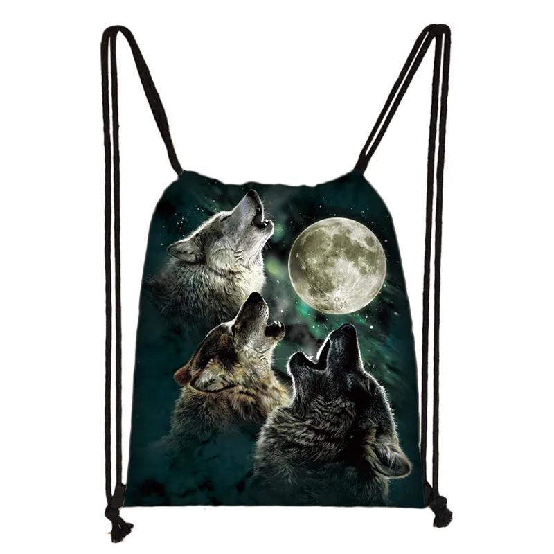 

cool howling wolf print drawstring bag women men storage bags for travelling softback canvas backpack