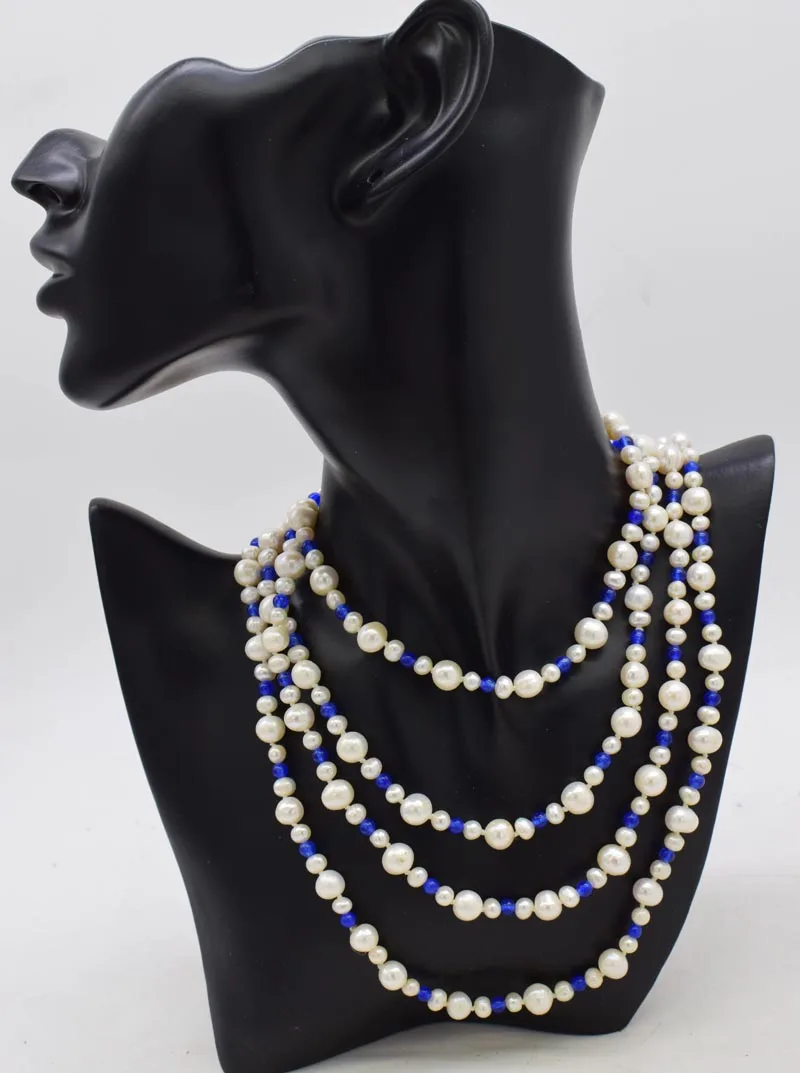 

freshwater pearl white near round 8-9MM &BLUE JADE long necklace 60inch wholesale beads nature FPPJ woman 2018