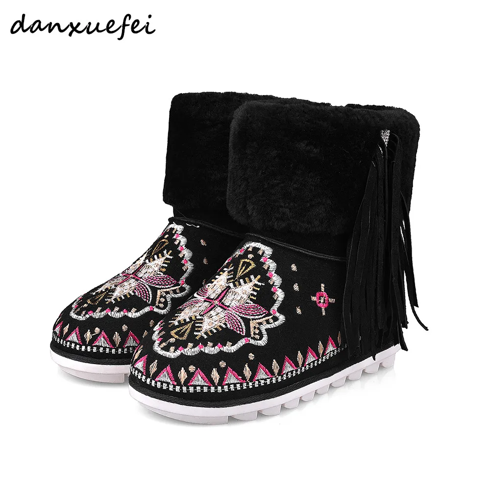 

Women's Genuine Suede Leather Slip-on Flats Snow Ankle Boots Non-slip Embroidered Flowers Winter Cold Weather Rhinestone Shoes