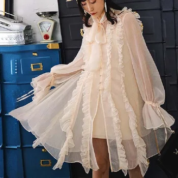 

Holiday Sweet Ruffles Women mini dresses elegant bow long sleeves chiffon dress women's clothing spring new 2019
