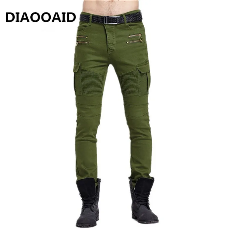 

2018 fashion hiphop Green Black Denim Biker jeans Mens Skinny Runway Distressed slim elastic pants hiphop Washed male trousers