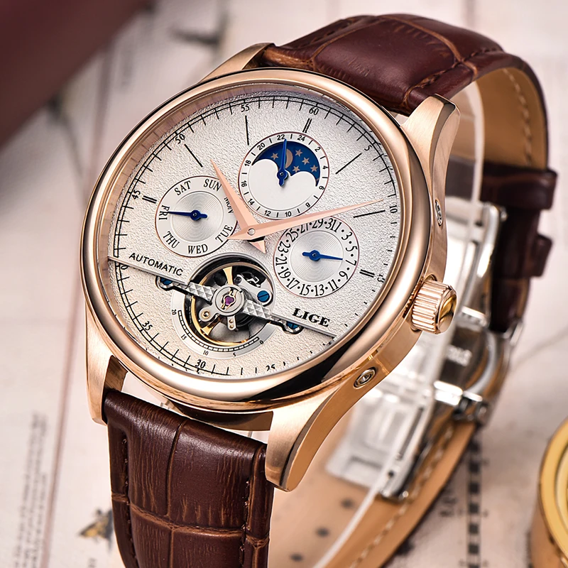 Lige Brand Classic Mens Retro Watches Automatic Mechanical Watch Tourbillon Clock Genuine Leather-2