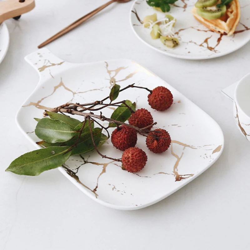 Мраморные Керамические Золотые инкрустационные тарелки, блюдо для стейка, посуда в скандинавском стиле, обеденная тарелка, чашка, высококачественный фарфоровый набор посуды