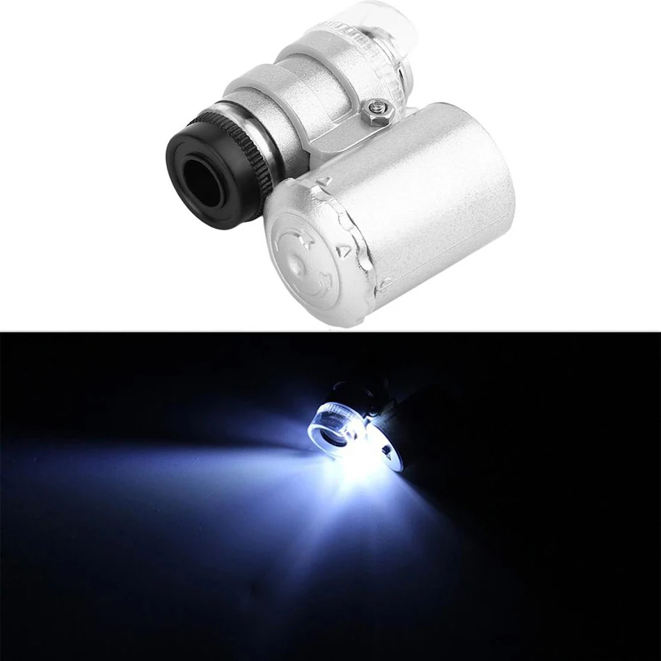 

Handheld 60X Monocular Microscope Jeweler Loupe Lens Illuminated Magnifier Glass 3 LED With UV Light Adjustable Focus