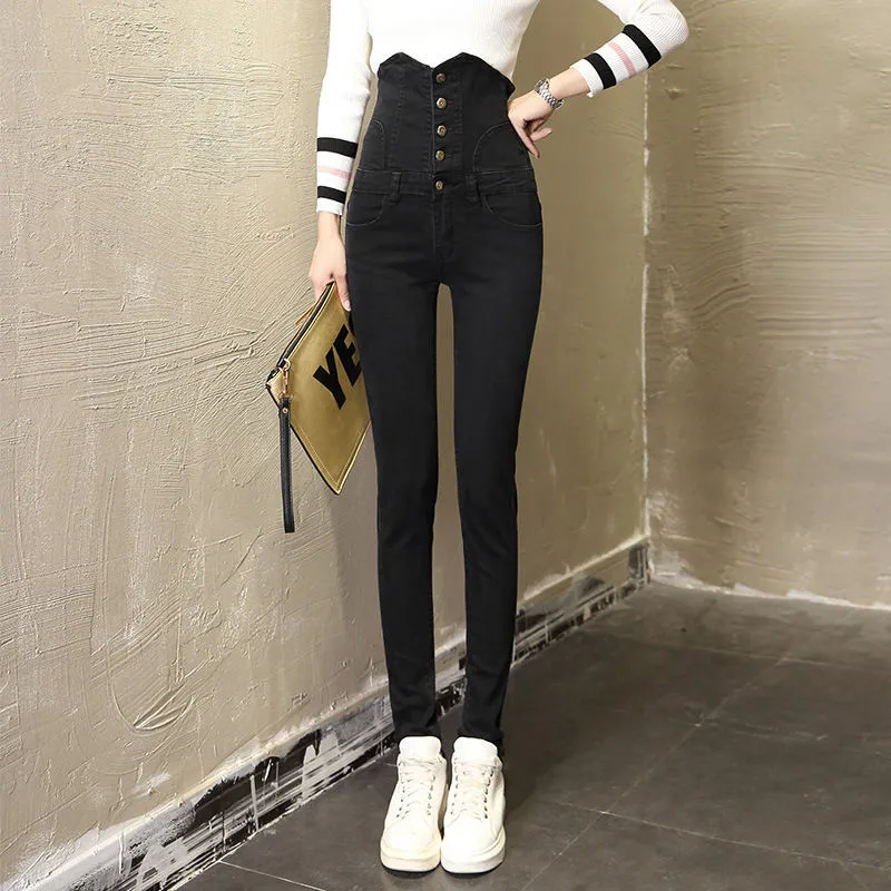 Женские Эластичные Обтягивающие джинсовые брюки-карандаш с высокой талией, длинные джинсы для мамы размера плюс, новинка, женские зимние утолщенные брюки, уличная одежда - Цвет: A-Black thin