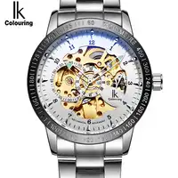 IK coloring สแตนเลสสแตนเลสนาฬิกากลไกอัตโนมัติผู้ชายยี่ห้อ Luxury Transparent Hollow Skeleton นาฬิกาทหาร