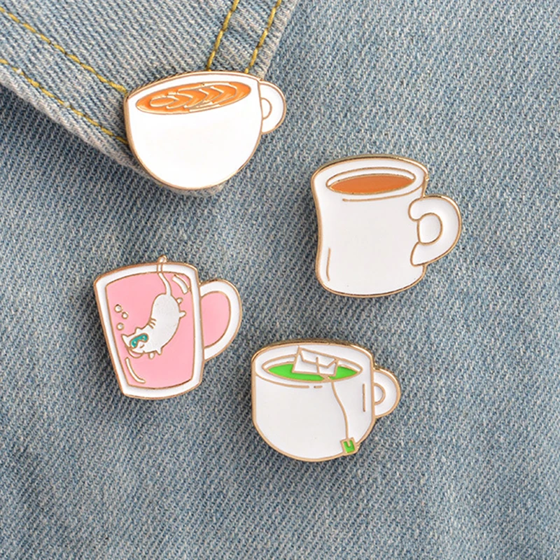 Vintage Tea Cup Enamel Pins Metal Colorful Cute Cup Collar Pins And