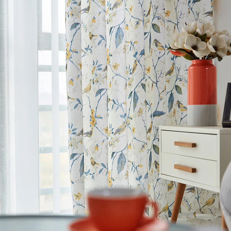 

American Idyllic Country Shredded Flower Thickened Fine Hemp Printing Curtains for Living Dining Room Bedroom.