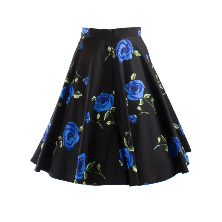 50s Vintage Woman Retro Red Rose Flower Bouquet Floral Print High Waist Midi Skirts Knee-Length Long Saia Feminina Ladies Skirt