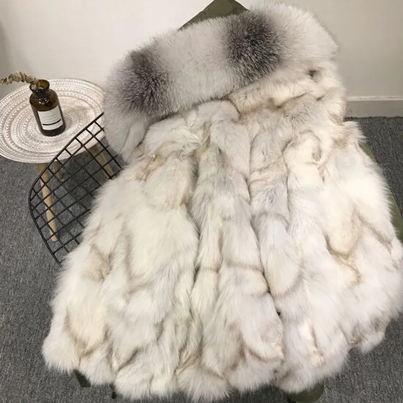 Большого размера, натуральный мех воротник натуральный мех пальто зимняя куртка для женщин с капюшоном Толстая теплая парка Свободное пальто натуральный Лисий Мех Лайнер Женское пальто
