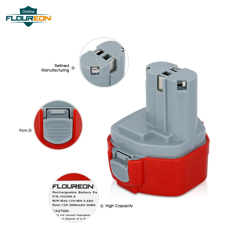 

FLOUREON For Makita Mak 12V 3000mAh Ni-MH Rechargeable Battery Pack Power Tools Battery Replacement Cordless Drill 1050D 6270D