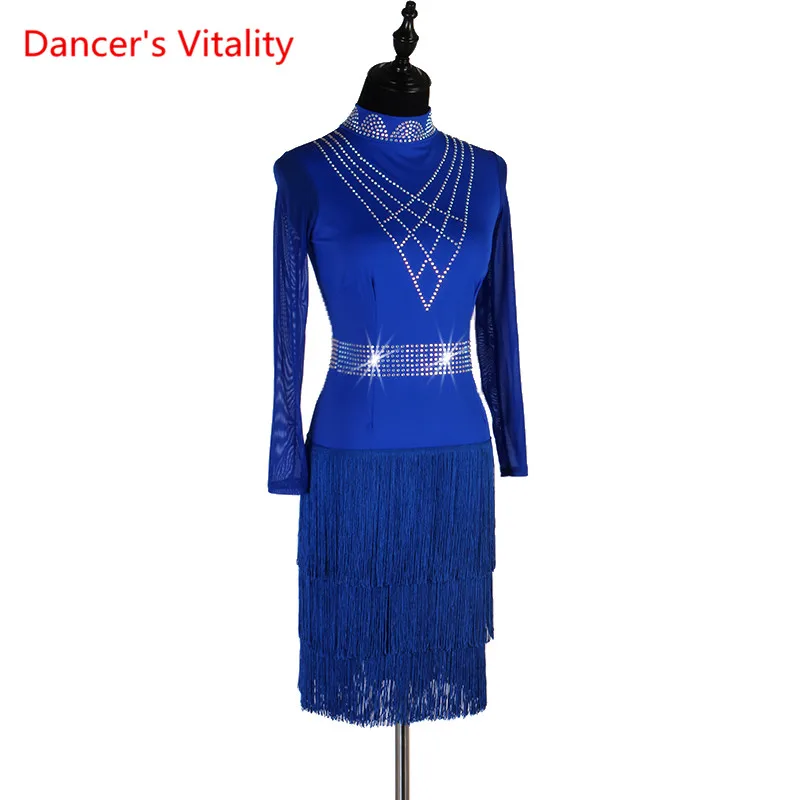 New Women Professional Latin Dance Competition Diamond+ Tassel Sexy Long Sleeves Dress Custom Size Colour