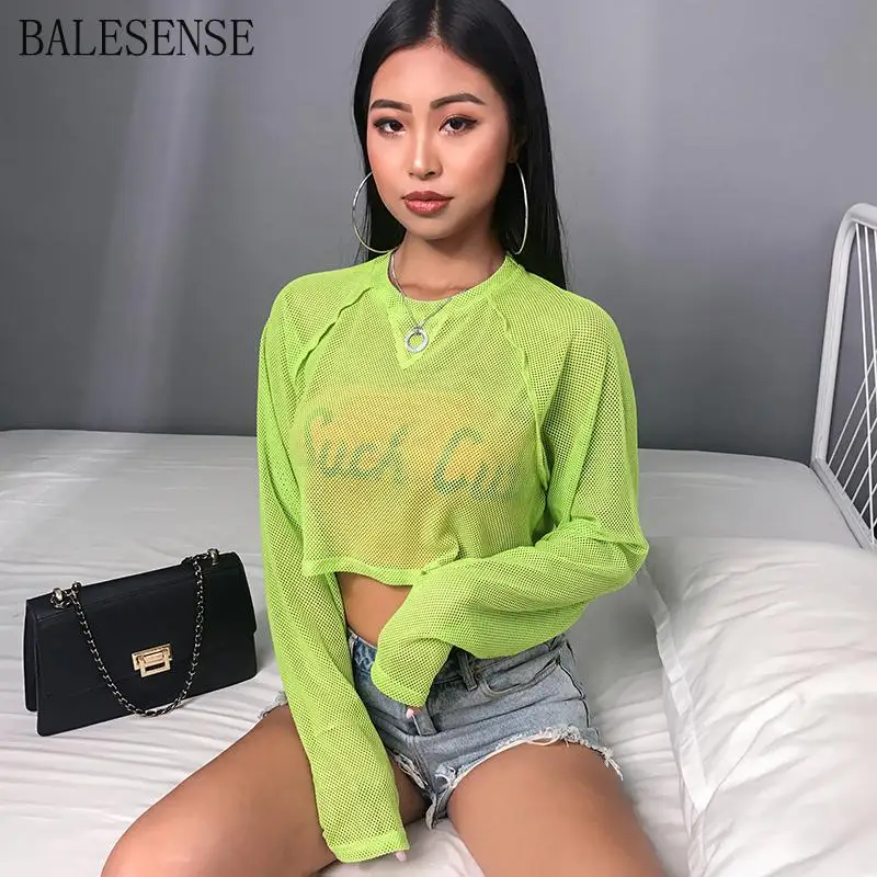 

Sexy Neon Green Mesh Fishnet Top Hollow Out T Shirt Transparent Long Sleeve Summer T-shirts For Women Crop Tops Tees Clothing