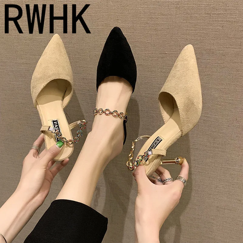 

RWHK The new 2019 drag Korean version of the fashion fine with high-heeled suede shallow mouth pointed baotou slippers B254