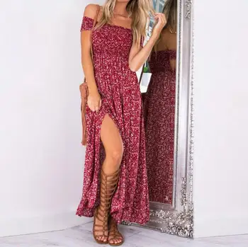 

Sexy Strapless Beach Summer Dress Sundresses Vintage Bohemian Maxi Dress Robe Femme Boho Floral Women Split Long Dresses Vestido